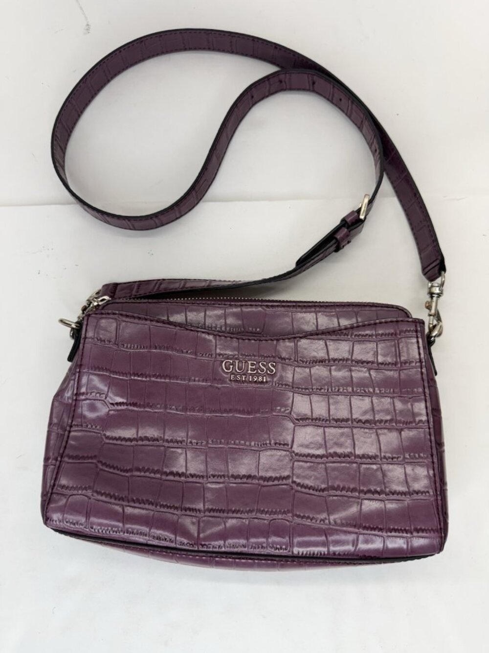 Vintage Guess Y2K Purple Croc-Embossed Leather Satchel Crossbody Bag Purse